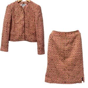 Carlisle Tweed Jacket Skirt Set Pink Green Bouclé Suit Size 2 Wool Blend